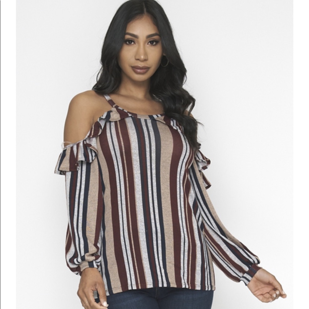 Open shoulder long sleeve striped top